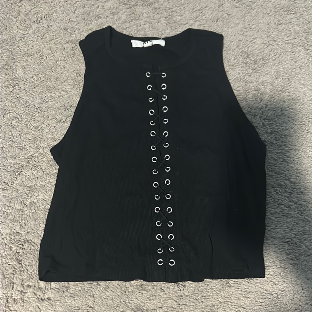 NYC Black Muscle Tee with Eyelet Details